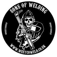 a black and white image of a skeleton holding a scooter with the words sons of welding on it