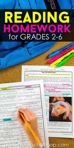 a hand holding a pencil and writing homework with the text learn about reading homework grade 2 - 6