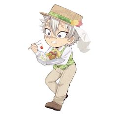 an anime character holding a plate with food on it