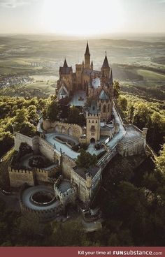 an aerial view of a castle surrounded by trees