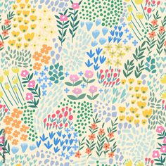 a colorful floral pattern with lots of flowers and leaves on the side, in pastel colors