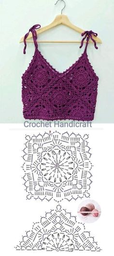 the crochet top is hanging on a hanger and it has an image of a