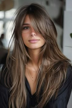 Long Hair And Long Bangs, Long Fringes For Long Hair, Face Framing Color Brunettes, Long Hair Color Inspiration, Long Brown Hair With Side Bangs, Fresh Long Haircut, Side Part Long Bangs Long Hair, Fringe On Long Hair, Hair Cuts For Long Hair Ideas