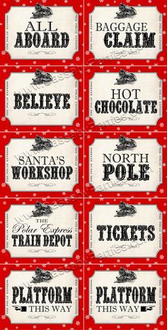 six red and white tickets with black writing on them that say santa's workshop train depot