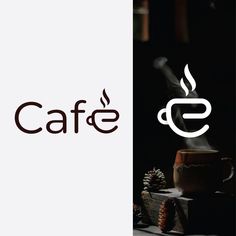 a coffee cup with steam rising out of it and the word cafe written in white