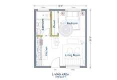 the floor plan for a studio apartment with one bedroom and living area, as well as a