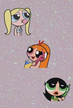 the powerpuff girls wallpaper with three different faces and one is holding a cell phone