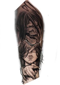 a man's arm with an image of a woman and a demon on it