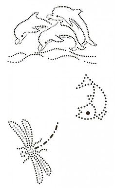 two dolphins and a dragon in the water, one is drawn with dots on paper