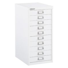 a white filing cabinet with five drawers on the bottom and one drawer open to show files