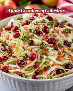 an apple cranberry coleslaw salad in a white bowl on a table