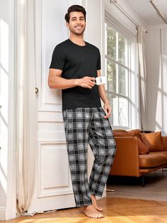 Black  Collar Short Sleeve  Plaid Pajama Sets Embellished Medium Stretch All Men Loungewear Plaid Pajama, Plaid Pajamas, Loungewear Sets, Plaid Pants, Pajama Sets, Tshirt Colors, Pajama Set, Pajamas