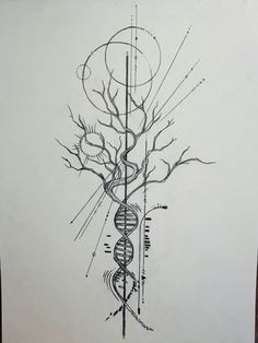 a black and white drawing of a tree with a spiral design on it's side