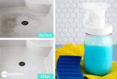 three pictures showing how to clean a bathtub with sponges and detergent on it