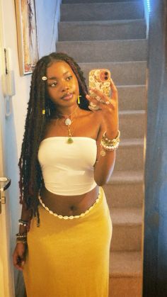 Earthy style, black girl, Neo soul, waist beads, beaded jewelry, boho outfits, long skirt outfits, nature girl, thrift clothes outfits, earthy thrifts, earth tones, earthy core, chunky waist beads, erykah badu vibe, earthy girls, locs, thrifting outfits                         #earthtone#goldjewelryideas#maximalism#blackhairstyles#locstylesforwomen#spiritual#spirituality#boho #earthtones #hippie #locstyles #locs#goddessenergy #locstylesforwomen#baddie#blackhair#hairwraptutorial #erykahbadu shuffles #soul #jazz#earthyoutfits #earthyblackgirlaesthetic #earthygirl #earthcore #bohoislandtwist #bohemian #spirituality #spiritualawakening #spiritual #blackfemininityaesthetic #explore #explorepage Pretty Core Aesthetic, Boho Outfits Skirts Long, Earthy Cute Outfits, Earth Tone Black Women, Chunky Waist Beads, Outfits For Long Skirts, Spiritual Girl Aesthetic Black Women, Long Locs With Beads, Neo Soul Style