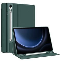 the back and side view of an ipad case with a tablet on it, in green