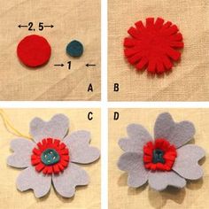 four pictures show how to make felt flowers with buttons and yarns, along with instructions on how to sew them