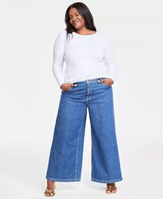 On 34th - Plus Size Light-Wash High-Rise Wide-Leg Jeans Jeans And Tshirt Outfits, Wide Leg Jeans Outfit Fall, Wide Leg Jeans Outfit, Wide Leg Denim Jeans, Plus Size Chic, Jeans Outfit Fall, High Rise Wide Leg Jeans, T Shirt And Jeans, Tshirt Outfits