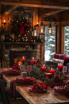 a dining room table set for christmas dinner