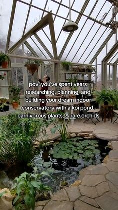 there is a small pond in the middle of a garden with lots of green plants