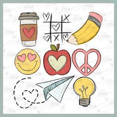 an image of different items that are in the shape of heart, banana, apple, coffee