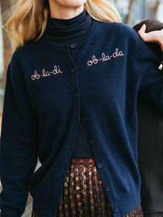 "ob-la-di ob-la-da" Cardigan – Lingua Franca NYC The Beatles Get Back, Nyc Summer Outfits, Beatles Get Back, Embroidery Text, With The Beatles, Hope Is The Thing With Feathers, Nyc Summer, Custom Sweaters, Beatles Fans