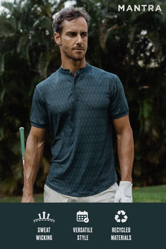 MANTRA Catalyst Polo Understory Print Dark Green Health Changes, Ways To Exercise, Crafts From Recycled Materials, Carbon Neutral, Recycled Materials, Over 40, Mantra, Collar, Pins