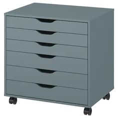 a gray filing cabinet with five drawers on wheels