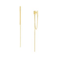 14K Yellow Gold Front-to-Back Staple Bar Drop Chain Earrings - Women. The beautiful fusion between our masterfully crafted 14K chains and front-to-back drop earrings create a look that is a must have for the fashion forward. Their uniqueness speaks for themselves as they accentuate any outfit for all occasions. Trendy and modern, these earrings will make the scene in a big way. Dont miss out! Add them to your collection and see what youre missing. Adorned on these earrings are a post and frictio Yellow Gold Linear Earrings For Formal Occasions, Formal Yellow Gold Linear Earrings With Adjustable Chain, Yellow Gold Cable Chain Long Drop Jewelry, Yellow Gold Long Drop Cable Chain Jewelry, Yellow Gold Cable Chain Jewelry With Long Drop, Luxury Yellow Gold Long Drop Linear Earrings, Yellow Gold Linear Drop Earrings With Box Chain, Elegant Gold Linear Earrings With Cable Chain, Elegant Gold Plated Earrings With Cable Chain