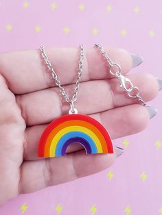 Rainbow Necklace ♡ Pendant Size: 1.5" x 1"♡ Lobster Clasp closure♡ All jewelry is lead and nickel free so it's 100% safe for anyone with metal allergies Necklaces cannot be exchanged, returned, or refunded, but if there is a problem with your order, please contact me and I would be more than happy to help. Novelty Metal Jewelry For Jewelry Making, Novelty Multicolor Metal Jewelry, Nickel-free Novelty Pendant Necklaces, Nickel-free Novelty Pendant Necklace, Novelty Nickel-free Pendant Necklace, Nickel-free Multicolor Novelty Jewelry, Hypoallergenic Metal Jewelry For Gifts, Personalized Multicolor Novelty Jewelry, Rainbow Metal Jewelry For Jewelry Making