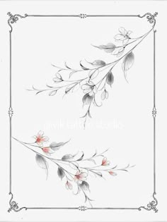 an artistic drawing of flowers and leaves on a white background with a black border around the edges