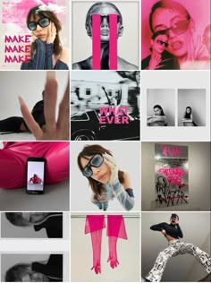 a collage of photos with pink and black