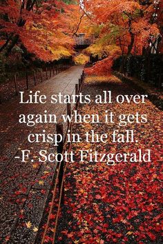 a path in the middle of an autumn forest with leaves all over it and a quote about life starts all over again when it gets crisp in the fall