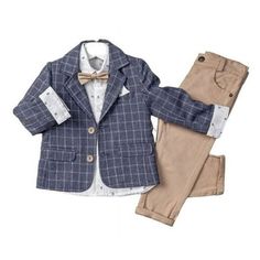 Our Little Boys' 3-Piece Suit Set includes Toddler Boy's Jacket, Long Sleeve Button-Up Dress Shirt, and Pants in easy to care for durable Cotton and Polyester. Suit Jacket: Features full lining in the chest, back and arms. Choose Blue or Beige in a windowpane pattern, classy notched lapel design single-breasted suit. Wood-like buttons color coordinate with each suit. Pocket square matches shirt. Lightly padded shoulders add the finishing touch on these handsome boys' suits. 65% Polyester, 35% Vi Classic Long Sleeve Winter Sets, Fall Long Sleeve Sets With Button Closure, Spring Cotton Sets With Button Closure, Spring Cotton Sets With Buttons, Classic Long Sleeve Sets For Fall, Classic Sets With Pockets For Winter, Classic Single Breasted Sets For Fall, Classic Winter Sets With Pockets, Classic Fall Sets With Pockets