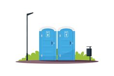 two blue portable toilets sitting next to each other