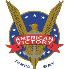 the american victory tampa bay logo with an eagle and ribbon around it's neck