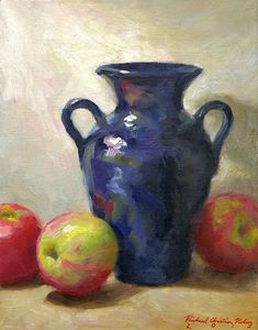 an oil painting of apples and a blue vase