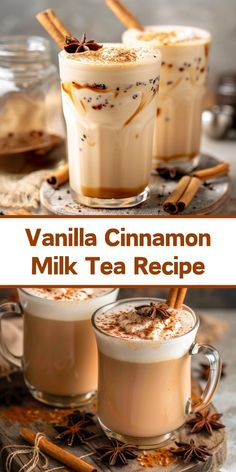 vanilla cinnamon milkshake in two glasses with cinnamon sticks on the side and an image of