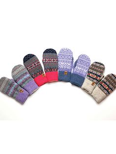 six mittens lined up in different colors on a white background, with one being folded over the other