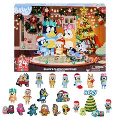 an assortment of cartoon figures in front of a christmas tree