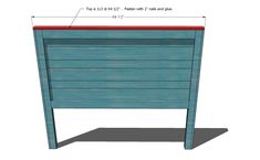 a blue chest with red top and measurements for the drawers on each side is shown