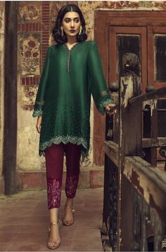 Full Sleeve Dress, Full Sleeves Dress, Deep Emerald Green, Pakistani Fashion Casual, Trouser Suit, Pakistani Wedding Outfits, Beads Work, Desi Clothes, Indian Attire