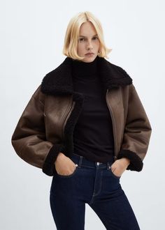 Short double-sided jacket - Women | Mango USA Mango Shorts, Ladies Short Jackets, Leather Jacket Outfits, Brown Leather Jacket, Outfit Inspo Fall, Shearling Jacket, Designer Shorts, Short Jacket, Women's Coats & Jackets