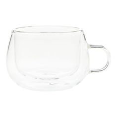 a clear glass cup with a handle on the bottom and inside is sitting in front of a white background