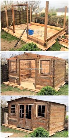 two pictures showing the different stages of building a wooden house with wood sidings and windows