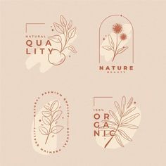 four logos for natural beauty products with leaves and flowers in the center, on a beige background