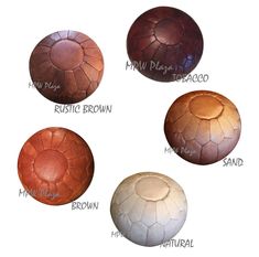 four different types of leather balls on a white background with the words new design written below them