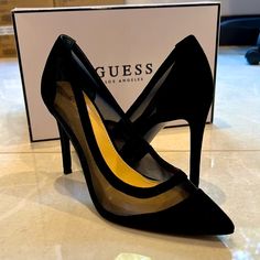 Black Guess Brand Heels New Never Worn Size 7.5 Comes In Original Box Stickers Still On The Bottom Black Court Shoes With Branded Heel For Night Out, Black High Heels With Branded Insole, Floral High Heels, Multi Colored Heels, Guess Brand, Gladiator Boots, Guess Heels, Colorful Heels, Bow Pumps