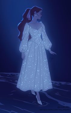 an animated image of a woman in a white dress standing in the water at night