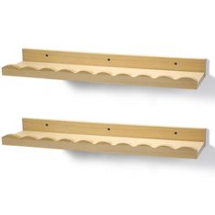 two wooden shelfs on the wall, one is made out of plywood wood